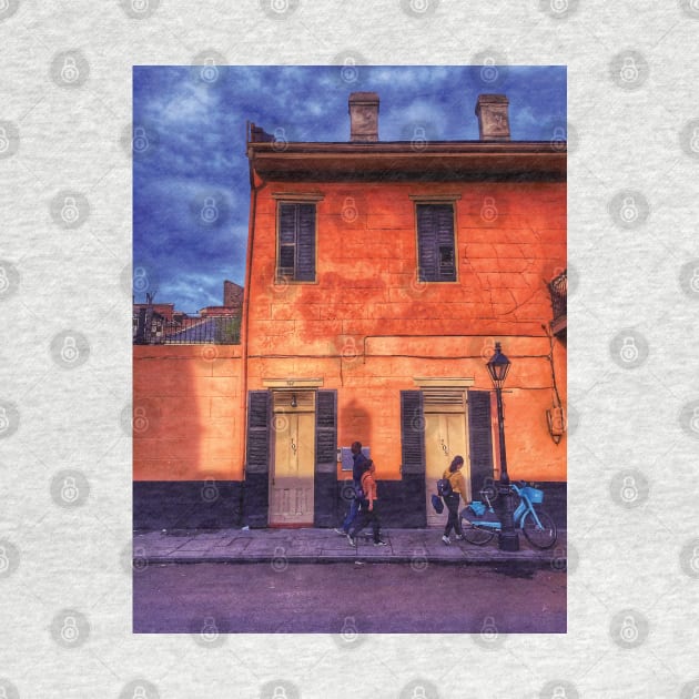 Sunny Days and Blue Skies on a New Orleans French Quarter Street with Orange Iconic Architecture and Nola People Walking in Southern Louisiana by Little Shop of Nola